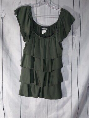 Double Take Olive Green Tiered Ruffle Boho Y2K  Casual Flowy Going Out Top